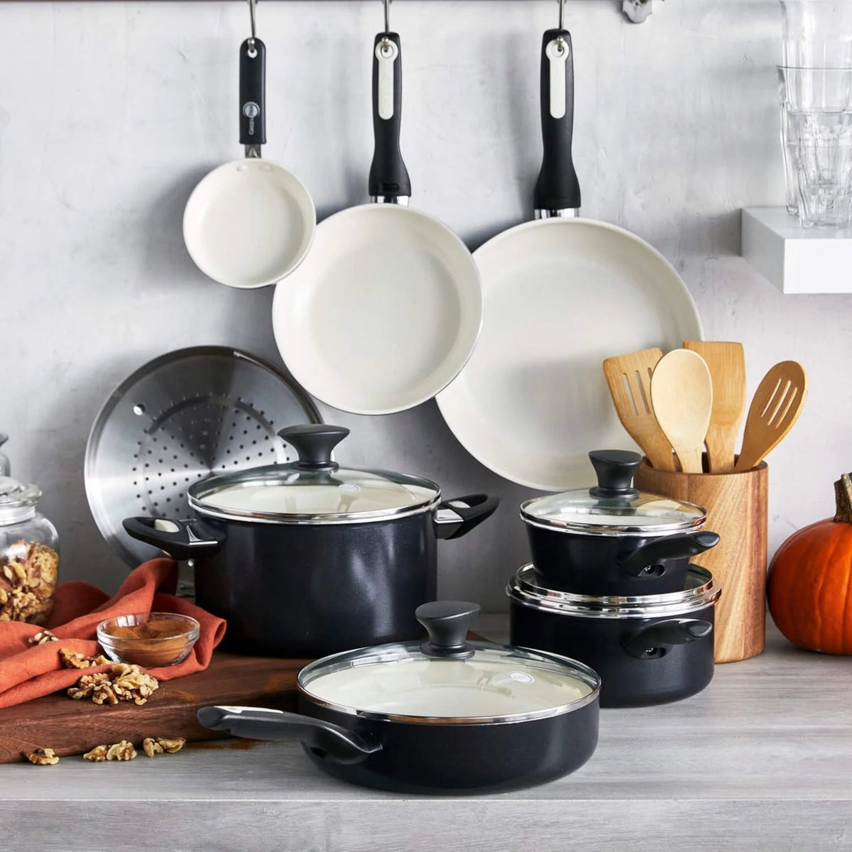 GreenPan Rio Ceramic Nonstick 16-Piece Cookware Set - Black