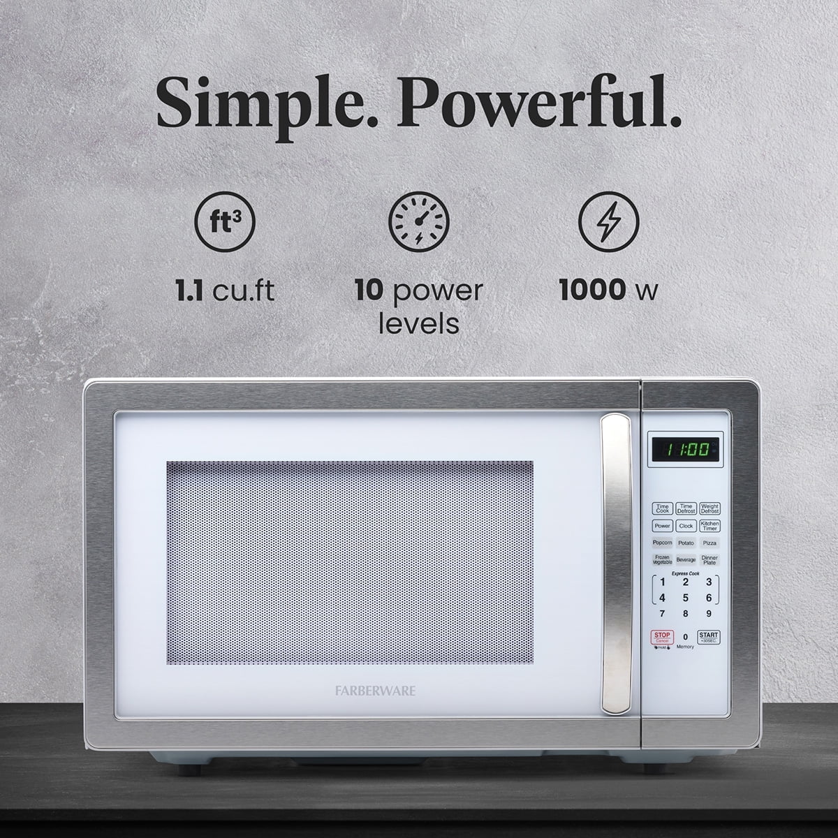 Farberware Stainless Steel Countertop Microwave Oven with Child Lock, 1.1 Cu Ft Black Stainless