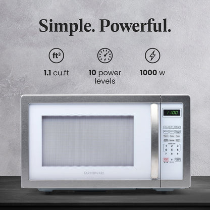 Farberware Stainless Steel Countertop Microwave Oven with Child Lock, 1.1 Cu Ft Black Stainless