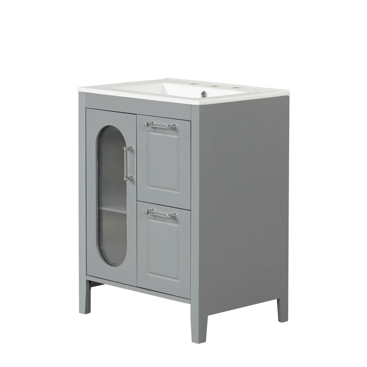 Soges 24" Bathroom Vanity with Ceramic Sink, Solid Wood Bathroom Makeup Cabinet with Door, Adjustable Shelf and 2 Drawer, Free Standing Single Basin Vanity Set for Small Bathroom, White