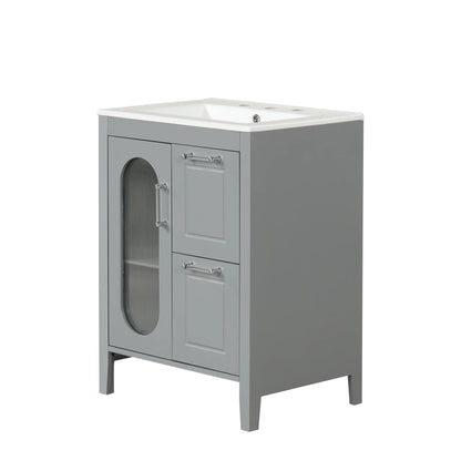 Soges 24" Bathroom Vanity with Ceramic Sink, Solid Wood Bathroom Makeup Cabinet with Door, Adjustable Shelf and 2 Drawer, Free Standing Single Basin Vanity Set for Small Bathroom, White