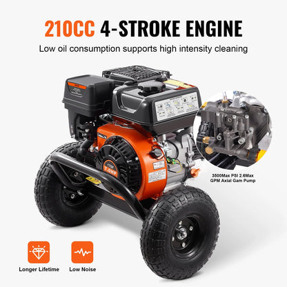 KFFKFF 3600 PSI 2.6 GPM Gas Pressure Washer w/26 ft High Pressure Hose 5 Nozzles Gas Powered Washer