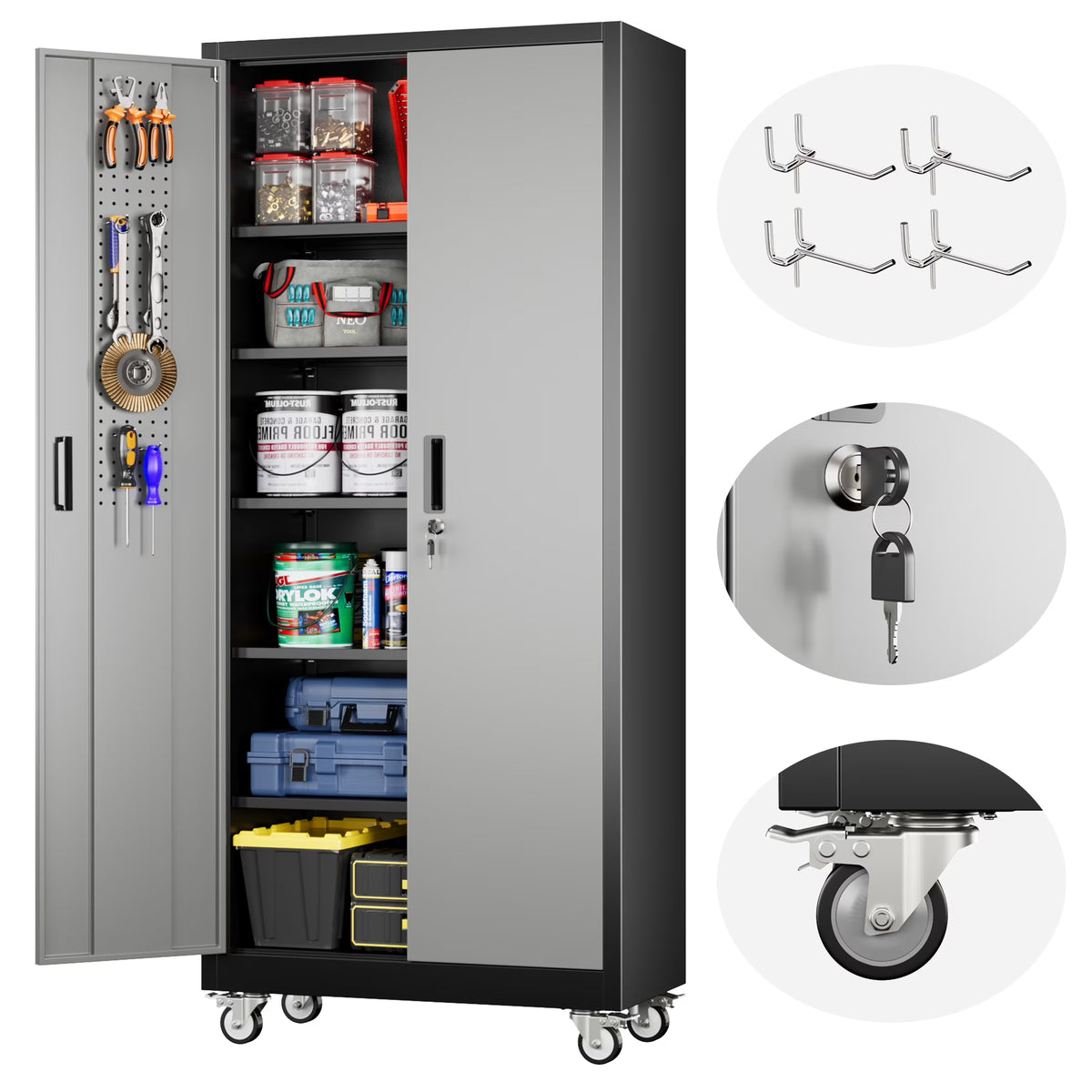 SUPEER Metal Rolling Storage Cabinets with Locking Doors and 5 Adjustable Shelves, Steel Garage Storage Cabinet for Garage, Office, Classroom, Assemble Required(Black)