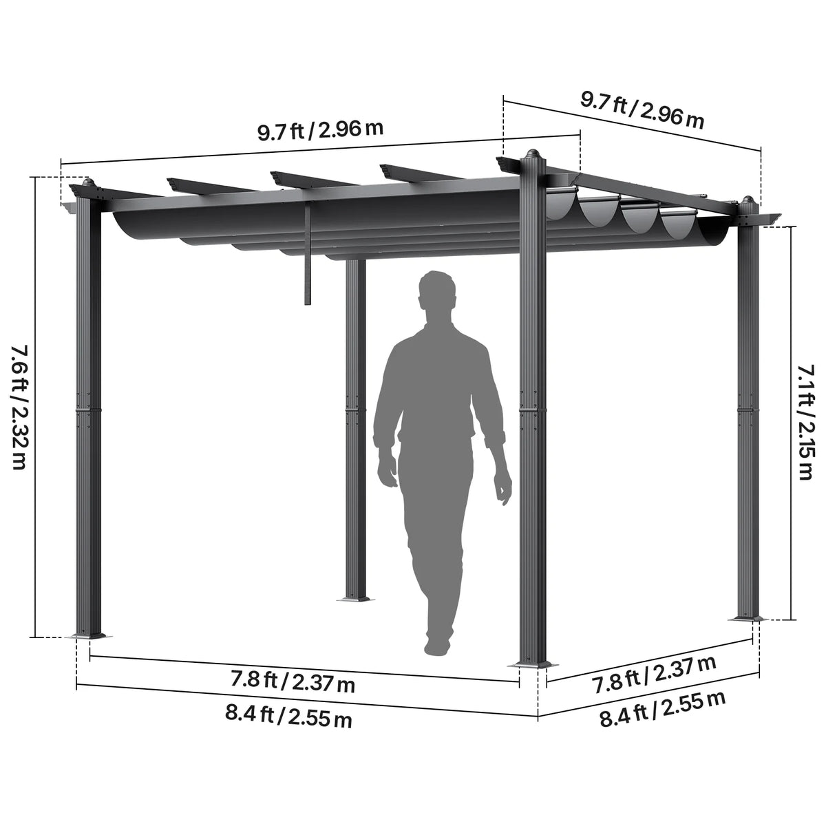 KFFKFF 10'x10' Aluminum Pergola, Outdoor with Retractable Sun Shade Canopy, Ideal for Patio, Garden, Deck, Backyard - Gray