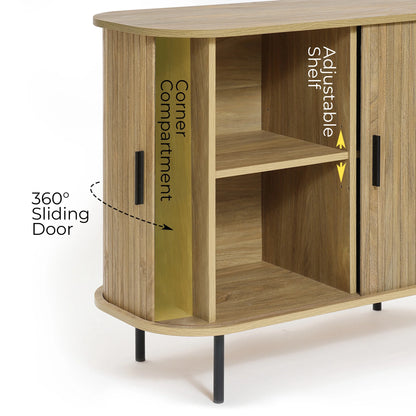 LuxenHome 35" Mid Century Modern Accent Cabinet, Small Buffet Cabinet with Sliding Door, Oak