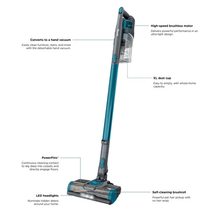 Shark Pet Pro Bagless Cordless Stick Vacuum, Carpets and Hardfloors, Powerfins Brushroll, No Hair Wrap, Up to 40 Min Runtime, XL Dust Cup, IZ240 Teal