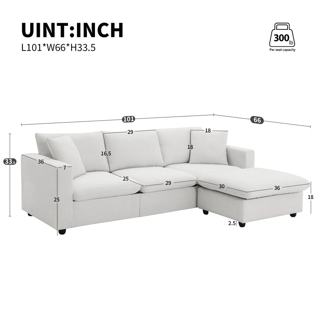 Harper & Bright Designs Modern Sectional Sofa 3 Seat Couch with Ottoman, Upholstered L Shaped Cloud Couch for Small Space Apartment Office, White