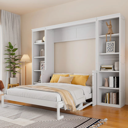 Queen Size Murphy Bed with Desk and Bookshelf(White)