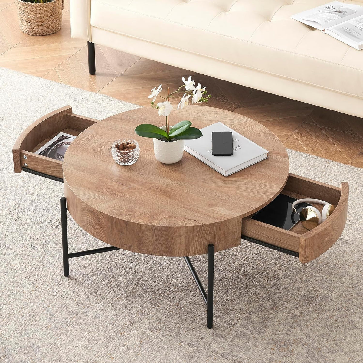 Round Coffee Table with Drawers Circle Living Room Table Wood Accent Coffee Table with Storage White Center Table (Natural)