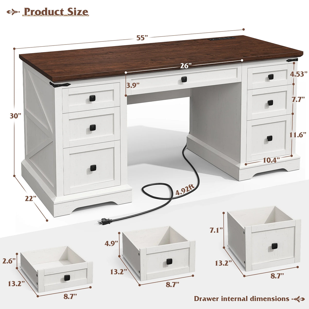 EnHomee Farmhouse Desk with Drawers, Wood Home Office Desk with Charging Station, Antique White