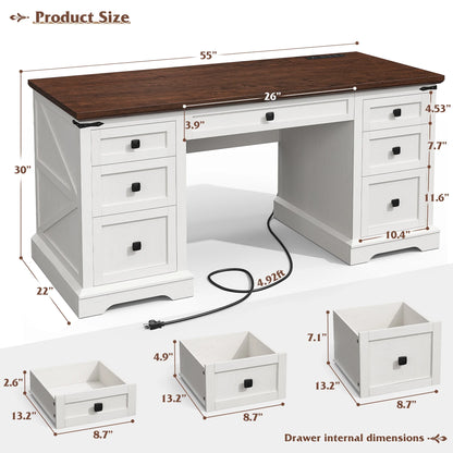 EnHomee Farmhouse Desk with Drawers, Wood Home Office Desk with Charging Station, Antique White
