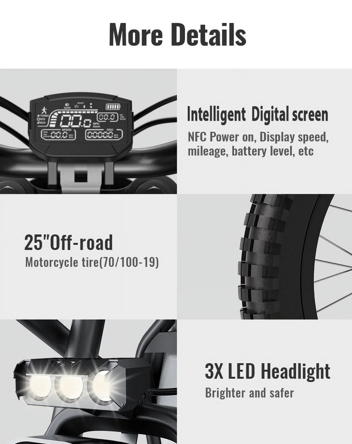2000W Electric Dirt Bike for Adults Ridingtimes GT73 UL2849,Brushless Hub Motor,18.2AH*2 Electric Bike with 25\" tires digital screen Carbon Steel,Black