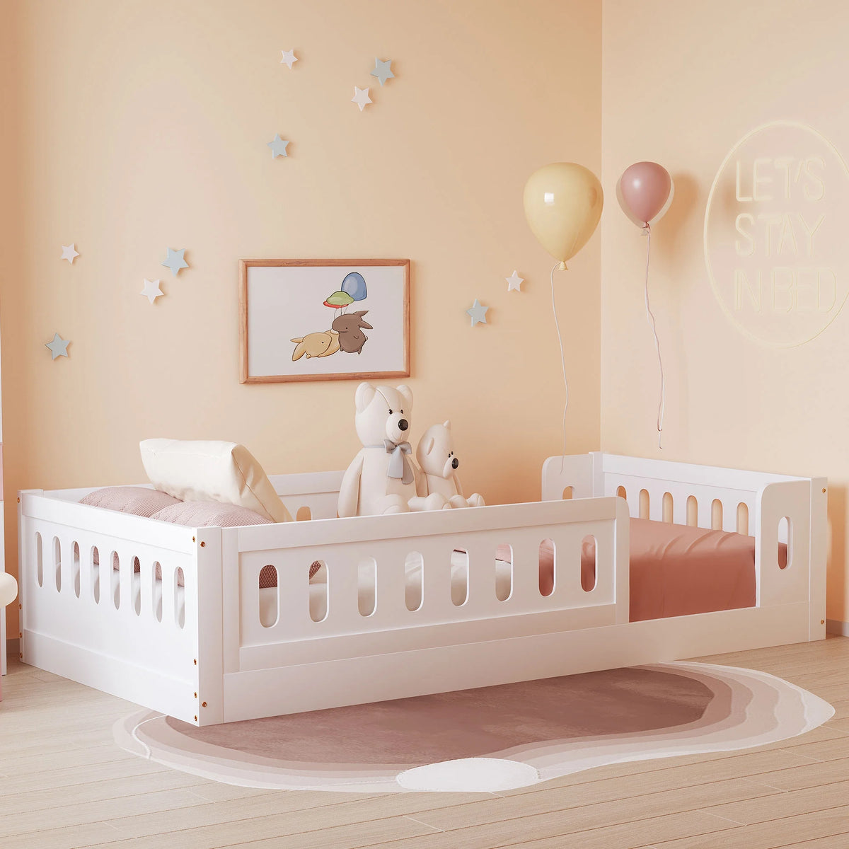 Euroco Wood Twin Size Platform Bed with Guardrail for Toddler and Kids