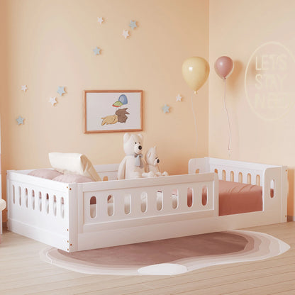 Euroco Wood Twin Size Platform Bed with Guardrail for Toddler and Kids