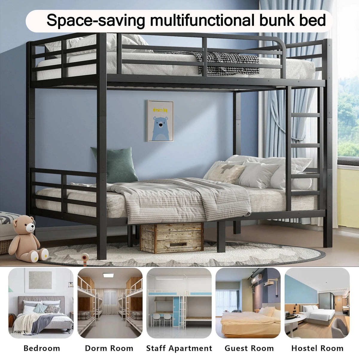 Miniyam Full over Full Metal Bunk Bed Frame with Dual Guardrails and Ladders, Heavy-Duty Quiet Design, Black