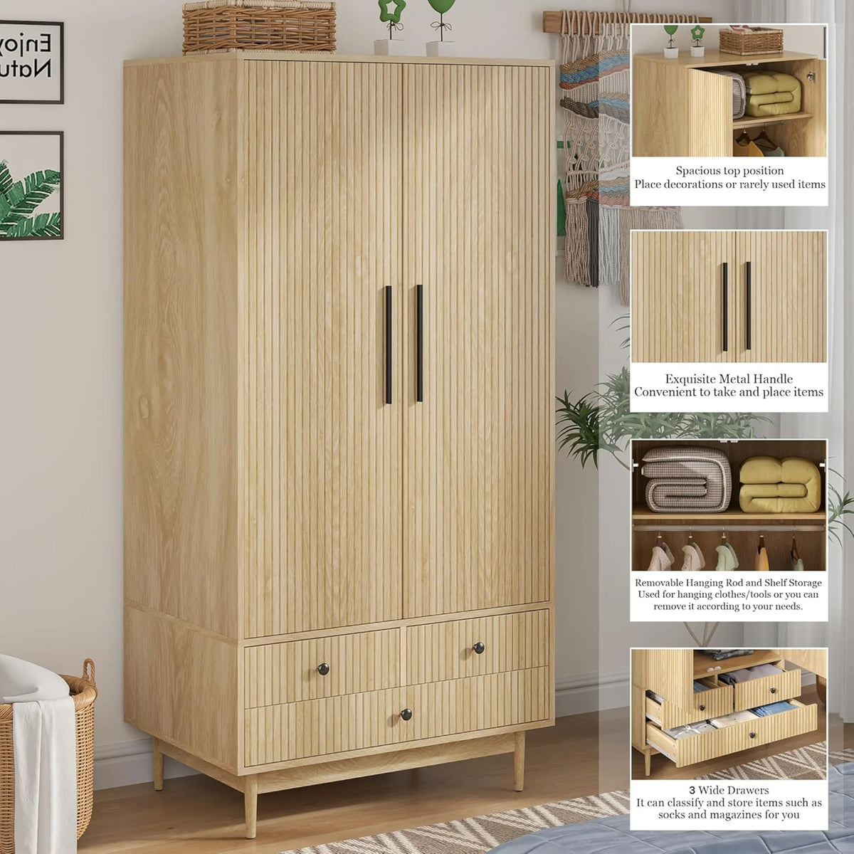 Oubayajia Wardrobe Armoire Closet, 2 Fluted Doors Wardrobe Cabinet with 3-Drawer and Hanging Rod, Wood Wardrobe Storage for Bedroom