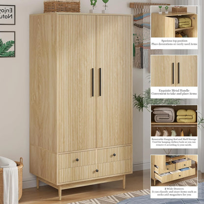 Oubayajia Wardrobe Armoire Closet, 2 Fluted Doors Wardrobe Cabinet with 3-Drawer and Hanging Rod, Wood Wardrobe Storage for Bedroom