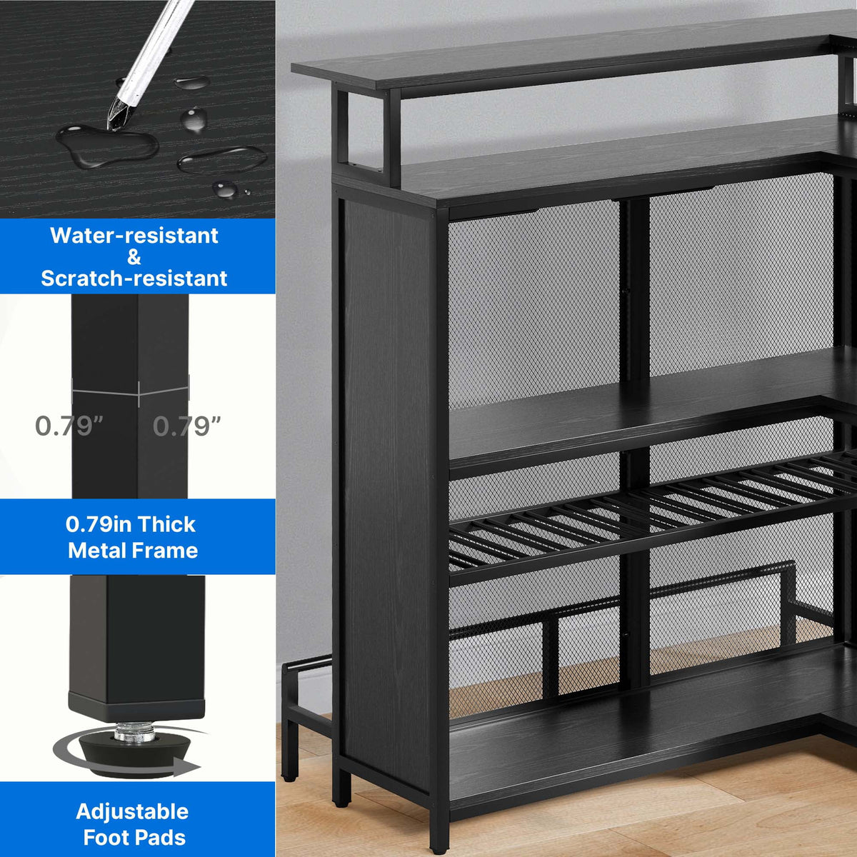 DEXTRUS 5 Tier Home Bar Unit, 43" Wine Cabinet with LED Lights, Mini Liquor Bar with Wine Rack and Footrest, Black