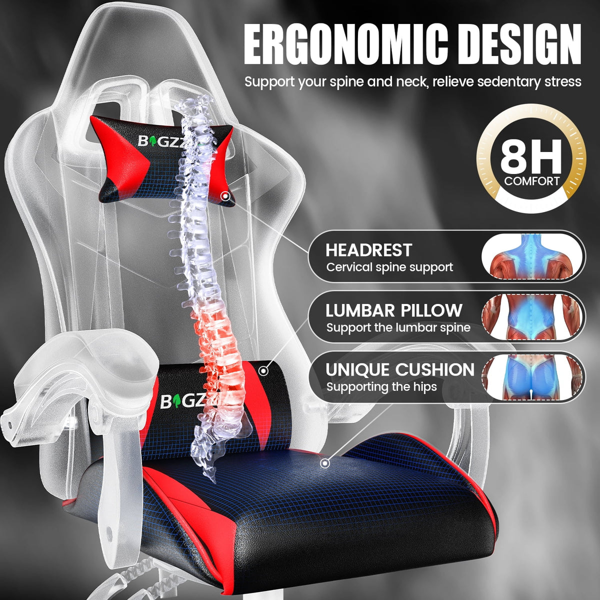 Bigzzia Gaming Chair Office Chair, Ergonomic Game Chair with Height Adjustable Headrest and Lumbar Support for Adults Teens, Black & White