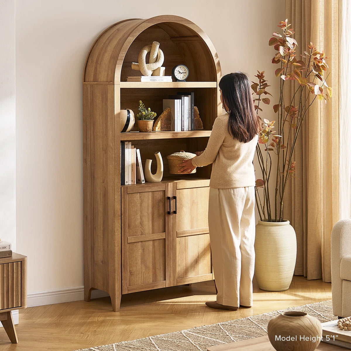 mopio Lauren 65.4" Arched Cabinet, 5-Tier Arched Bookcase with Doors and Shelves, Arched Bookshelf with Storage, Kitchen Pantry Cabinet, Wooden Storage Cabinet for Living Room, Kitchen (Oak)