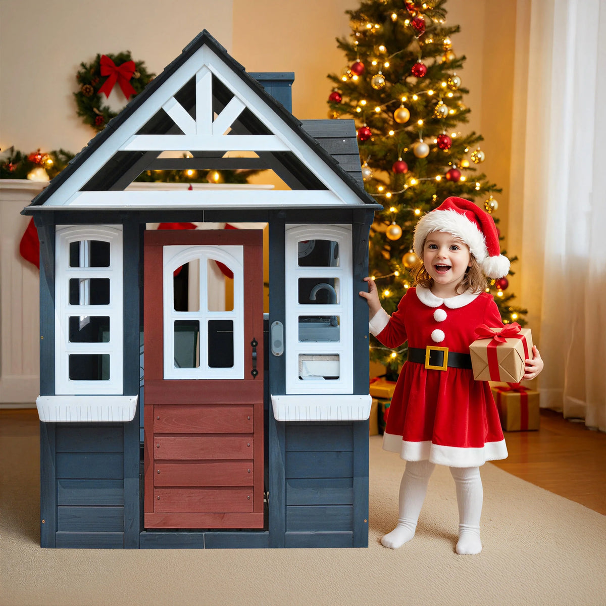 COCLUB Outdoor Playhouse for Kids Ages 4-8, Wooden Play House with Doorbell, Phone, Kitchen Toys, Outdoor Kids Play Equipment, Casa Para Ni?as (45��L x 65��H), White & Black