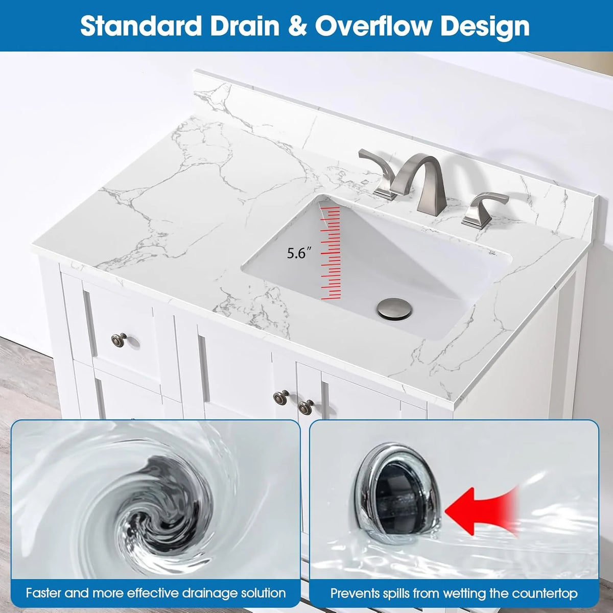 36x22 Engineered Stone Vanity Sink Top, White Bathroom Countertop with Undermount Left Sink, Vanity Top with 8 inch 3 Faucet Hole Spacing and Backsplash