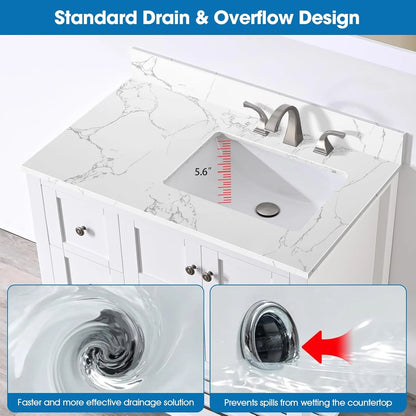 36x22 Engineered Stone Vanity Sink Top, White Bathroom Countertop with Undermount Left Sink, Vanity Top with 8 inch 3 Faucet Hole Spacing and Backsplash