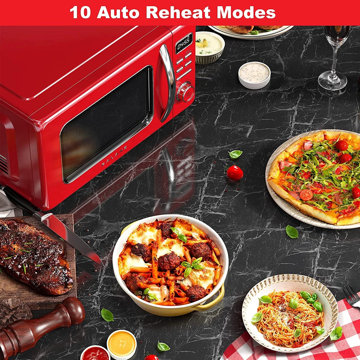 Galanz GLCMKZ09RDR09 Retro Countertop Microwave Oven with Auto Cook & Reheat, Defrost, Quick Start Functions, Easy Clean with Glass Turntable, Pull Handle, 0.9 cu ft, Red