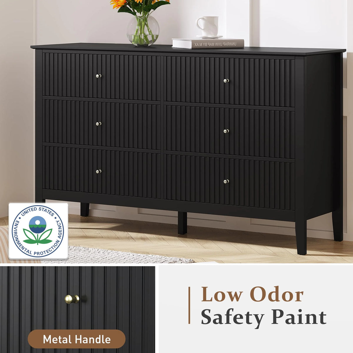 May Color Large White 3 Drawer Dresser Set of 2 with Fluted Panel, Modern Chest of Drawers with Silent Slide Drawers, Wood Accent Nightstand with Storage for Bedroom Living Room, Hallway