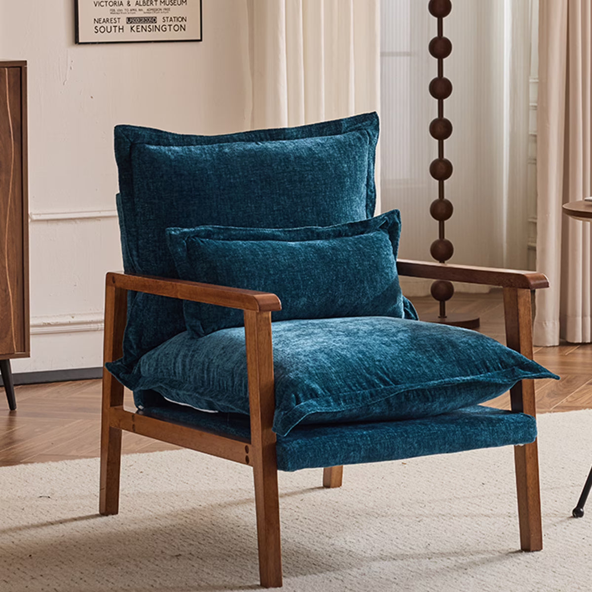 Ktaxon Chenille Accent Chair, Solid Wood Armrests Armchair, Metal Frame for Stability, Single Sofa with Comfortable Cushions and Lumbar Pillow Beige