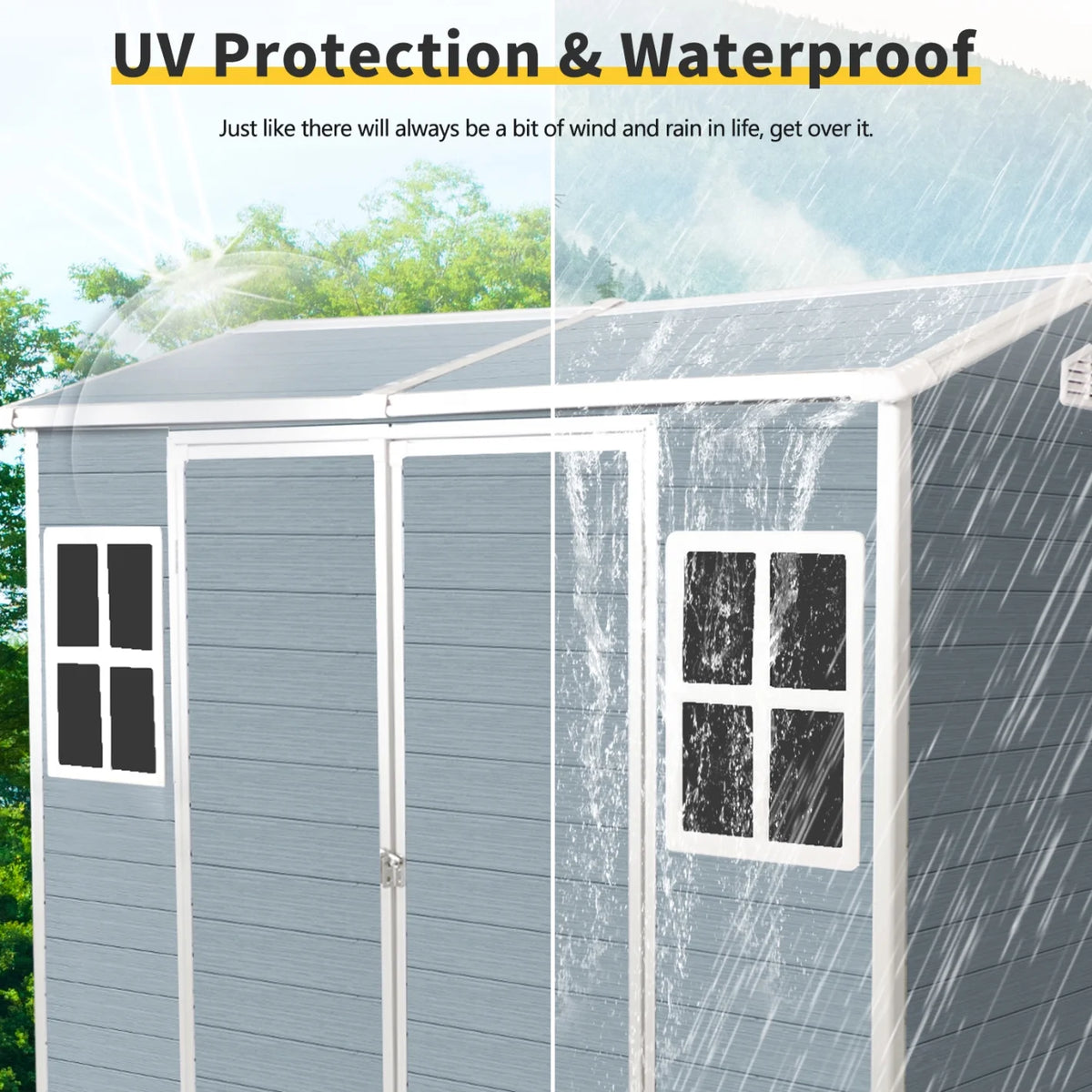 8x4 FT Outdoor Storage Shed with Floor, Resin Garden Sheds with Lockable Door, Vents & Windows, Weather Resistant Tool Shed with Sloped Roof for Backyard Patio, Grey