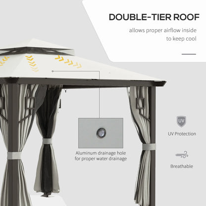 Outsunny 10' x 10' Patio Gazebo Outdoor Canopy Shelter with Aluminum Frame, Double Tier Roof, Netting and Curtains for Garden, Lawn, Cream White