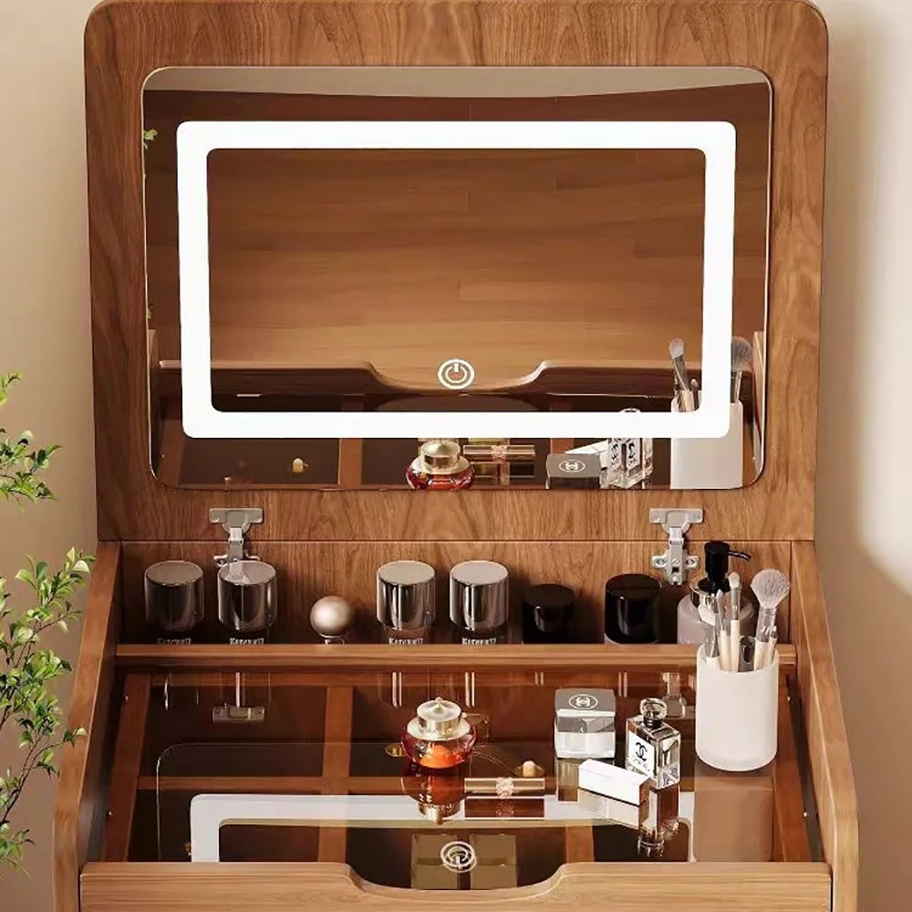 Miniyam Vanity Desk with Lighted Flip Mirror, Drawers & Stool, Makeup Table for Adults, Walnut