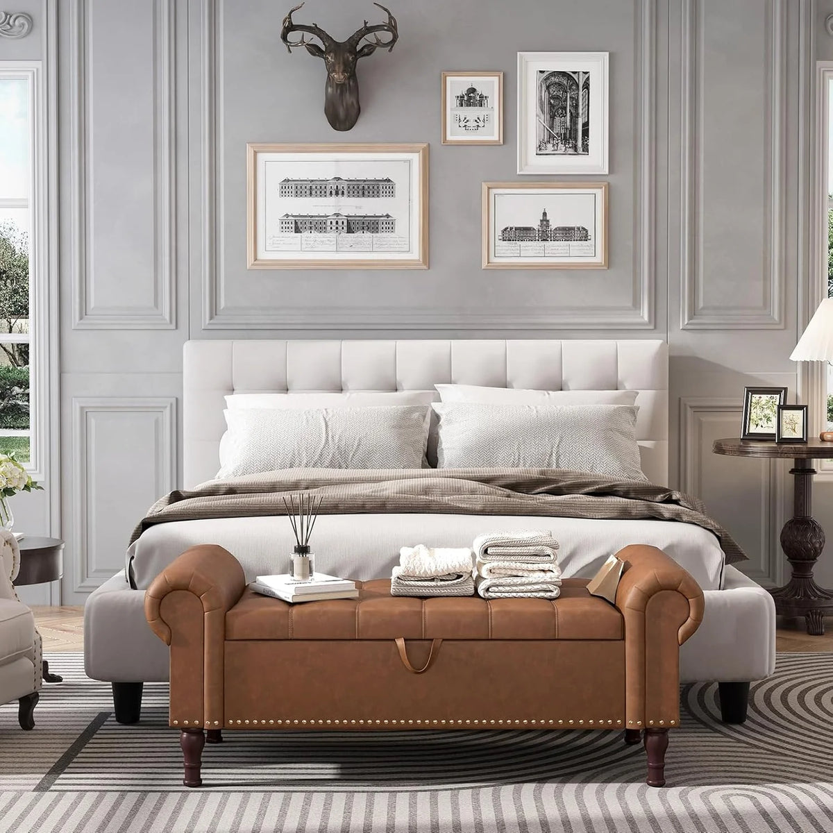 YOUDENOVA Storage Ottoman Bench for Bedroom 51" Queen Leather Storage Bench with Button, Upholstered Bedroom Bench with Rolled Arms for Living Room, Storage Room, Entryway, Gray