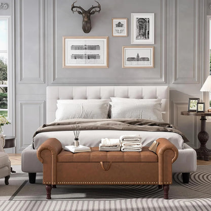 YOUDENOVA Storage Ottoman Bench for Bedroom 51" Queen Leather Storage Bench with Button, Upholstered Bedroom Bench with Rolled Arms for Living Room, Storage Room, Entryway, Gray