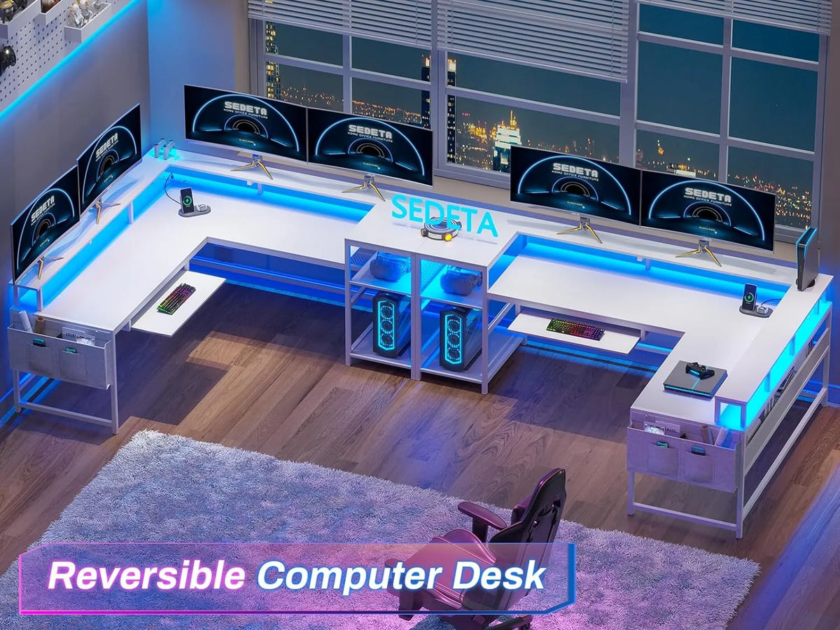SEDETA L Shaped Gaming Desk, Reversible Computer Desk, Gaming Desk with Power Outlets & LED Strip, Monitor Shelf, Keyboard Tray, Pegboard and Storage Shelves for Home Office, Black