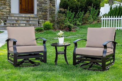 ALAULM 3 Piece Patio Outdoor Aluminum Metal Swivel Rocking Chair with 1 Coffee Table and 2 Khaki Padded Cushions Outdoor Metal Swivel Rocking Chair Furniture Conversation Set for Porch Garden