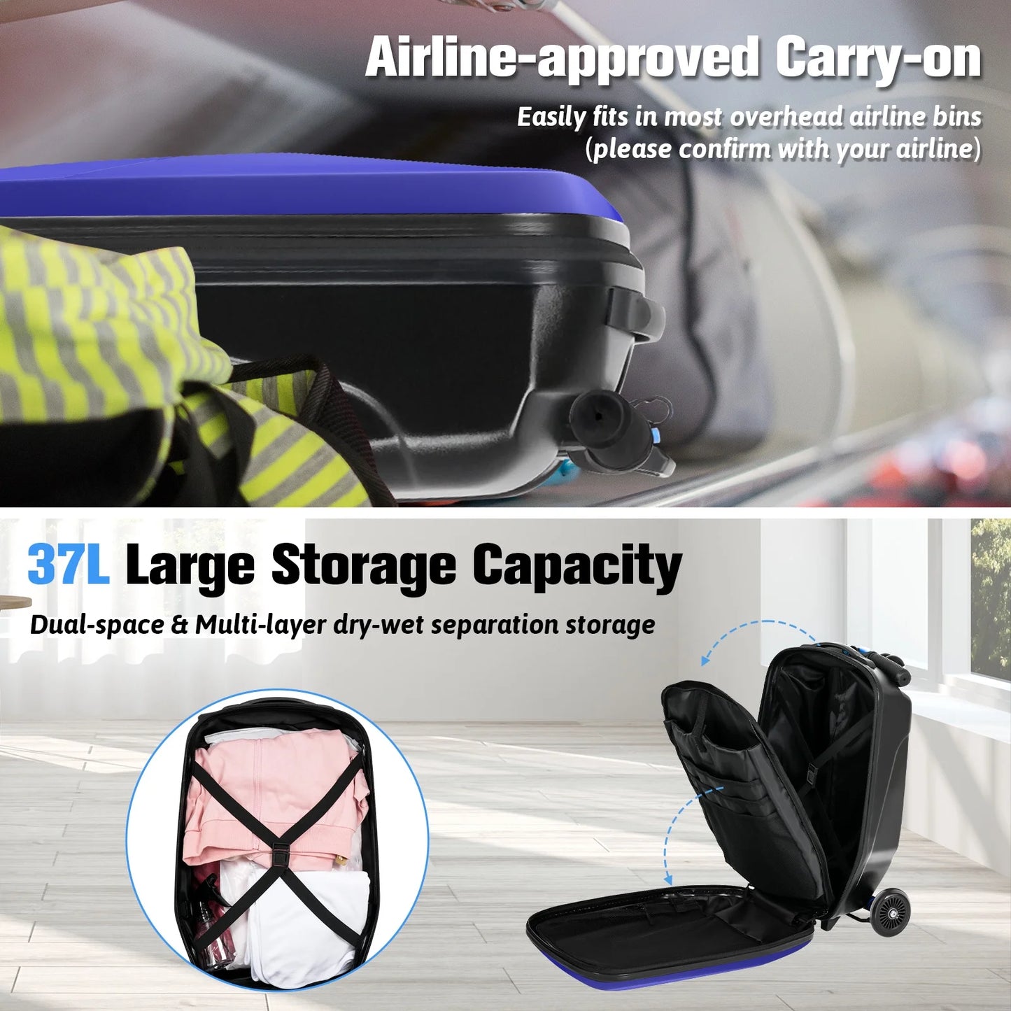 Advwin Scooter Luggage for Kids & Adults, Hardside Ride on Suitcase for Kids Ages 4-15 Multifunctional Lightweight Foldable Carry on Luggage with Wheels Ride on for Children Teenagers, Pink