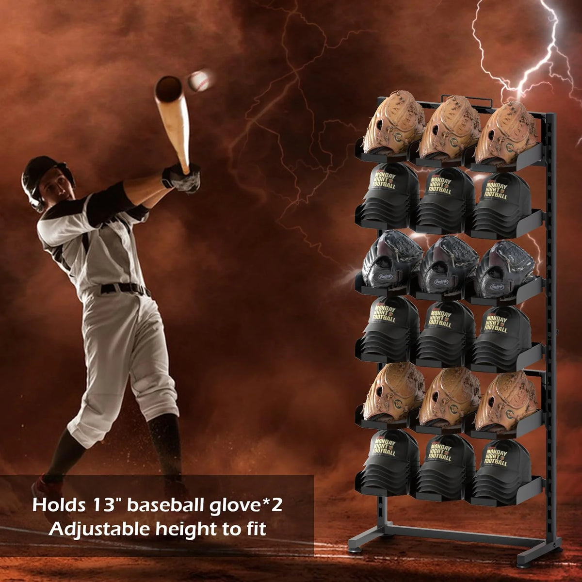 Ztysn 6 Tier Baseball Hat Rack Stand, Holds 180 Caps, 18 Trays, Adjustable Standing Coat Rack for Home Commercial Use,Black Metal