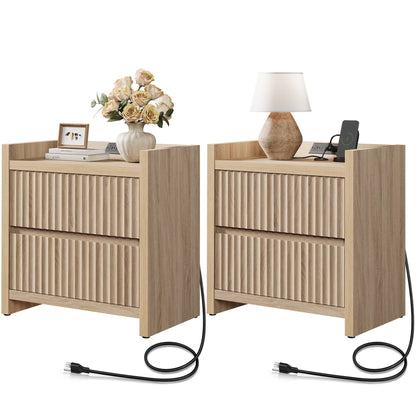 SICOTAS 25.4" Wide Nightstand Set of 2 with Charging Station, Modern Night Stand  with  2 Fluted Dresser & Handle-Less Storage Farmhouse Bed Side Table  for Bedroom, Natural Oak