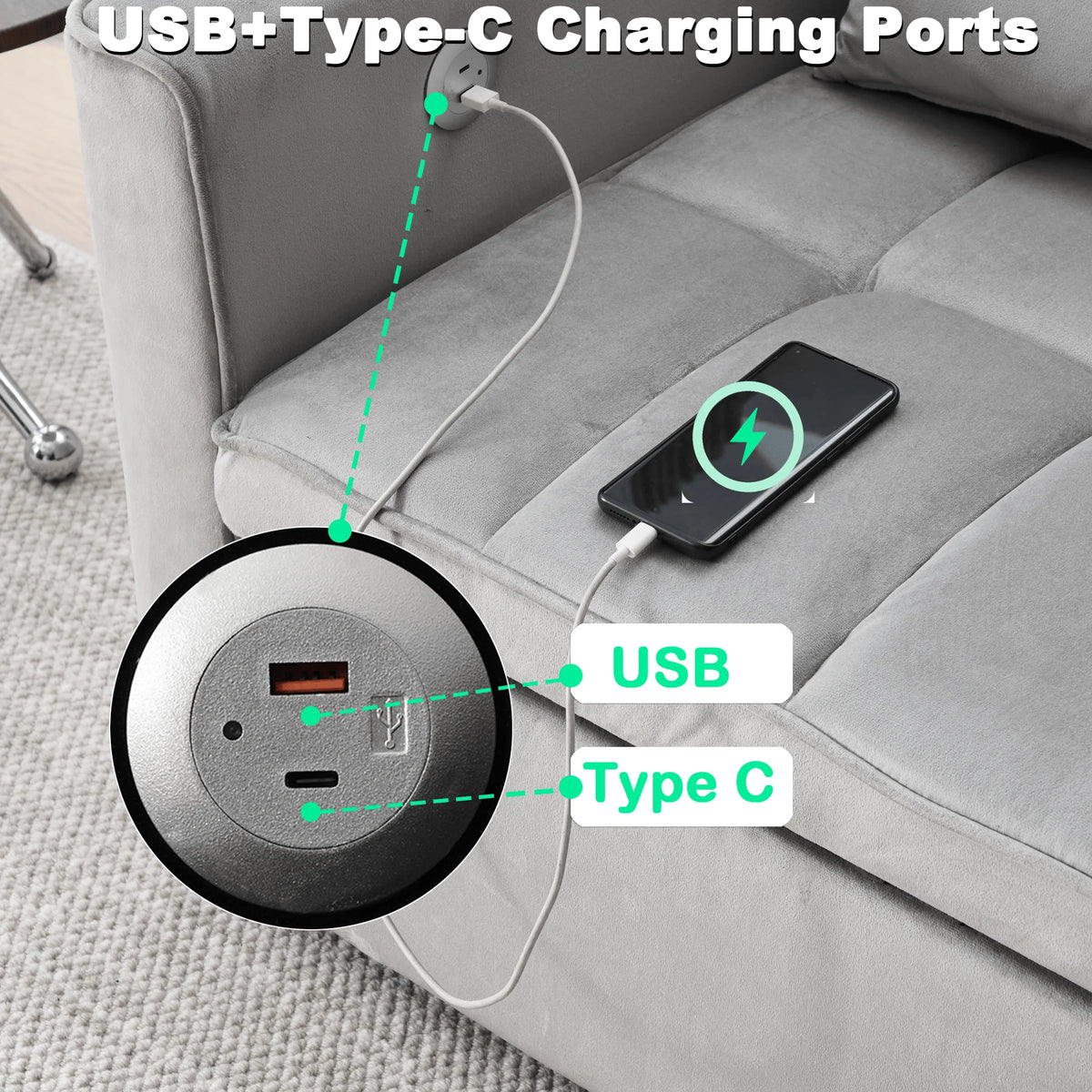 Velvet 3-in-1 Convertible Sofa Bed �C USB Charging, Adjustable Backrest Pull-Out Couch Loveseat Sleeper for Living Room, Apartment & Small Space,Black