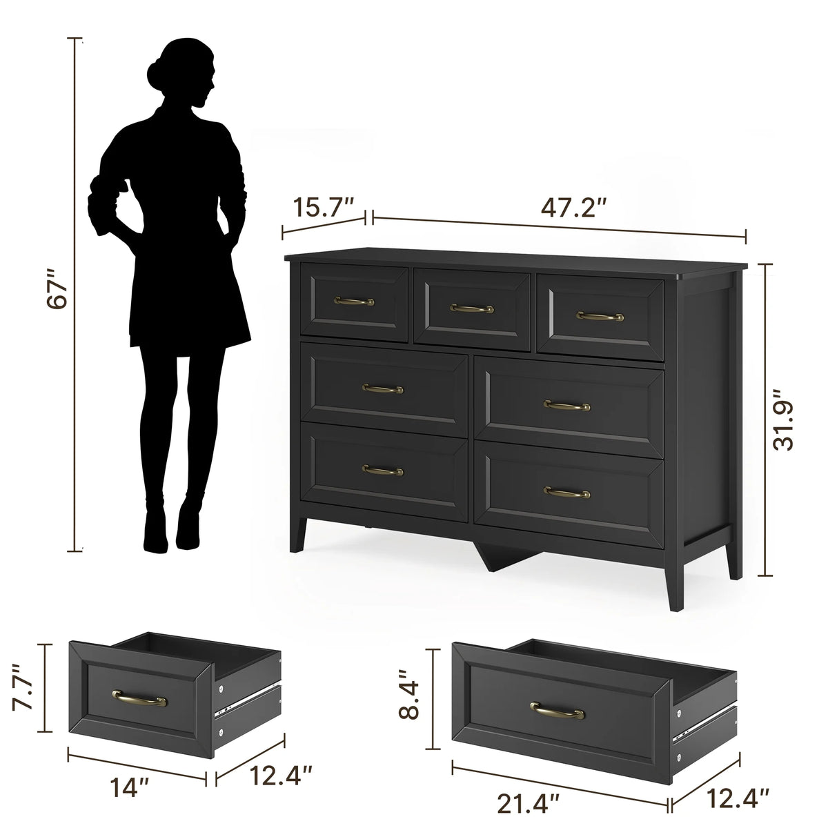 Lofka 47.2" Dresser for Bedroom with 6 Double Drawers, Farmhouse Wood Storage Cabinet with Smooth Metal Handle