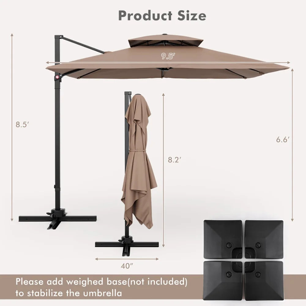GVN 9.5 Feet Cantilever Patio Umbrella with 360° Rotation and Double Top-Coffee, Patio Offset Umbrella with Easy Tilt Adjustment, Cantilever Patio Umbrellas, Sunshade Umbrella Canopy