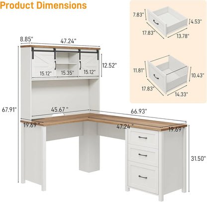 Vabches 68" H L Shaped Desk and Hutch with Storage, Office Desk with Drawers, Charging Station, Sliding Doors, Unique White