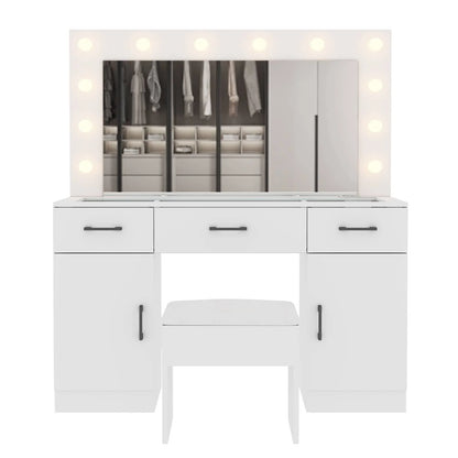 Ktaxon Large Makeup Vanity, Vanity Table Set w/ Visible Glass Top w/ Charging Station, White