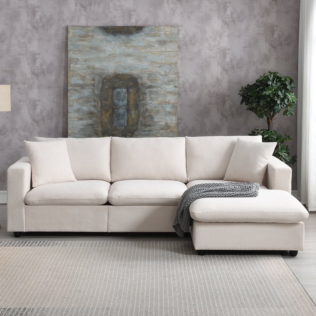 Harper & Bright Designs Modern Sectional Sofa 3 Seat Couch with Ottoman, Upholstered L Shaped Cloud Couch for Small Space Apartment Office, White