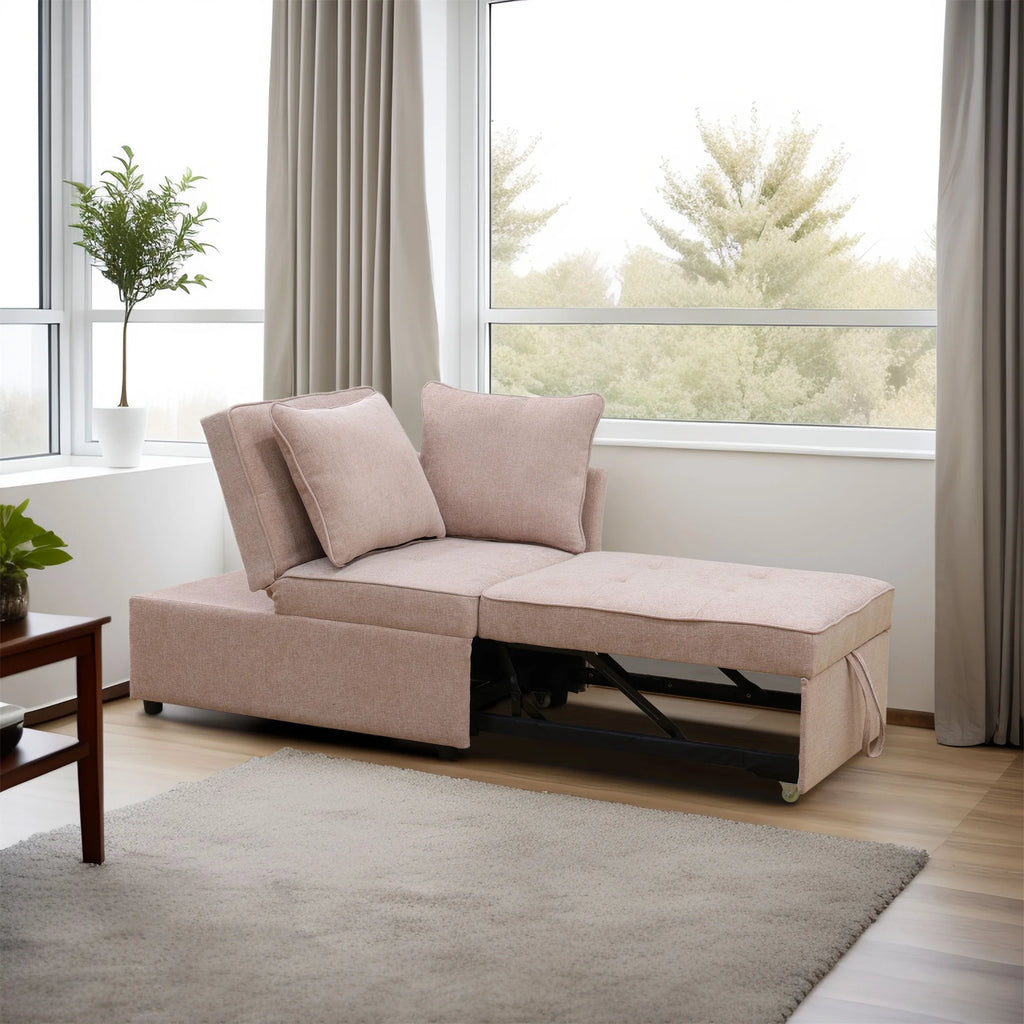 Aukfa 71" Convertible Chaise Futon Pull Out Sofa Chair Bed, Adjustable Backrest, 2 Pillows, Linen, Pink