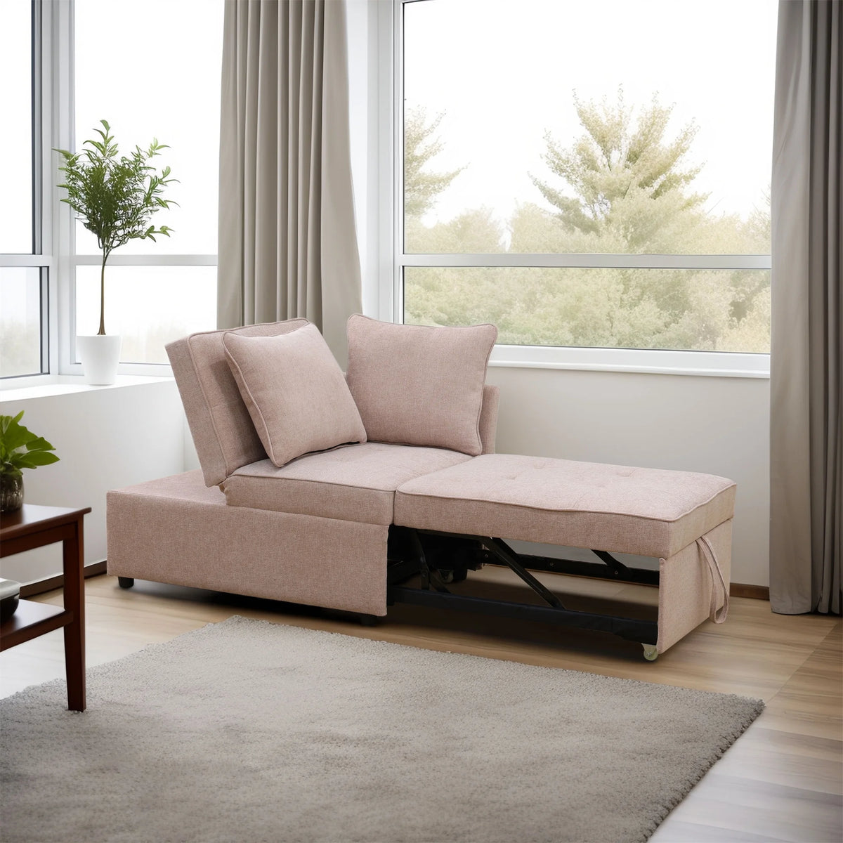 Aukfa 71" Convertible Chaise Futon Pull Out Sofa Chair Bed, Adjustable Backrest, 2 Pillows, Linen, Pink