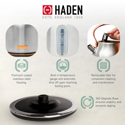 Haden Heritage 1500 1.7 Electric Kettle, Matte Black Finish with Copper Accents