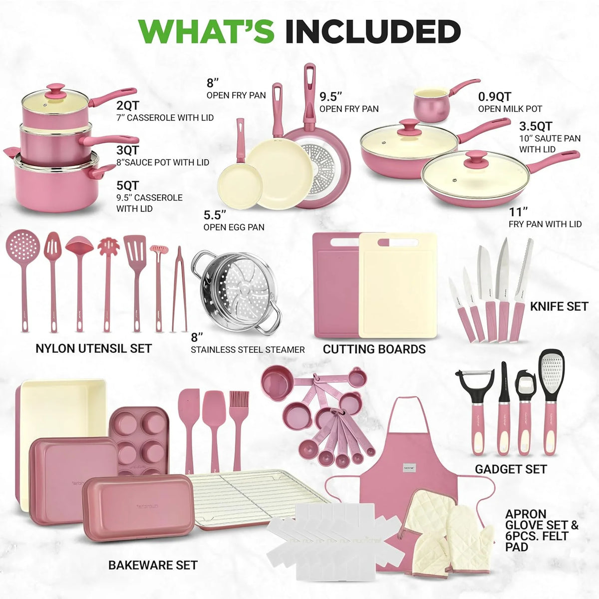 54-Piece Kitchen Cookware Set �C Complete Non-Stick Ceramic Pots and Pans Set with Utensils, Bakeware, and Knife Set, Gas, Electric & Induction Compatible, Blush Pink Kitchen Essentials